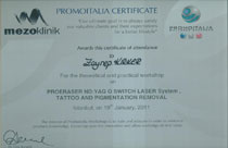 Dr. Zeynep Kirker Medical Esthetic Policlinic Certificate of Tattoo Removal with Q-Switch Laser 